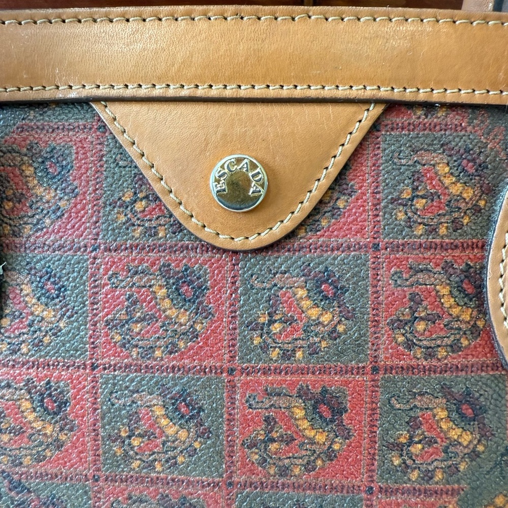 Vintage Escada Handbag Paisley Leather Canvas Purse Brown Red Green Patina - Picture 3 of 8